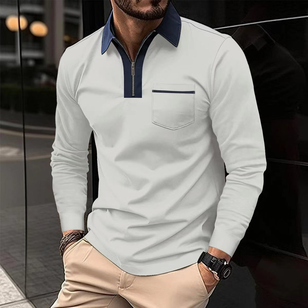 Herren Langarm-Poloshirt mit Halbzip, Kontrastkragen & Brusttasche EB