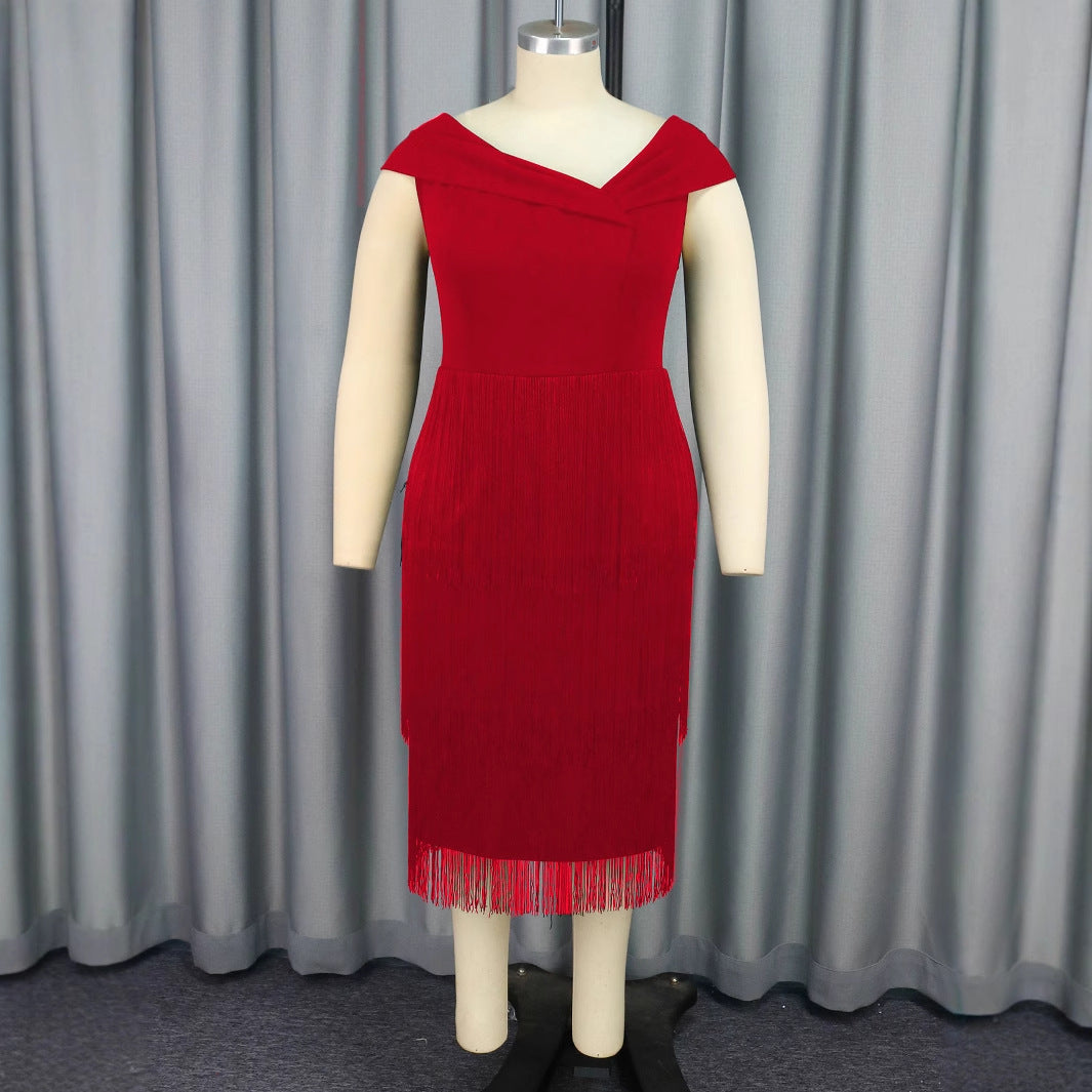 Damen Glamouröses Fransen-Kleid mit elegantem V-Ausschnitt EB