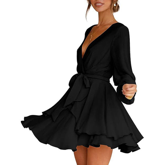 Damen gerafftes Wickelkleid mit tiefem V-Ausschnitt stufigem Volantrock und Bindegürtel Eichborn Berlin