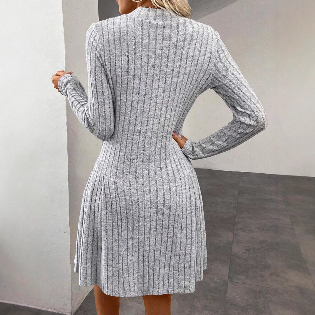 Damen Geripptes Strickkleid mit Frontreißverschluss und A-Linien-Silhouette EB
