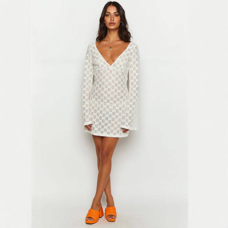 Damen Spitzen-Kleid mit V-Ausschnitt und langen Ärmeln EB