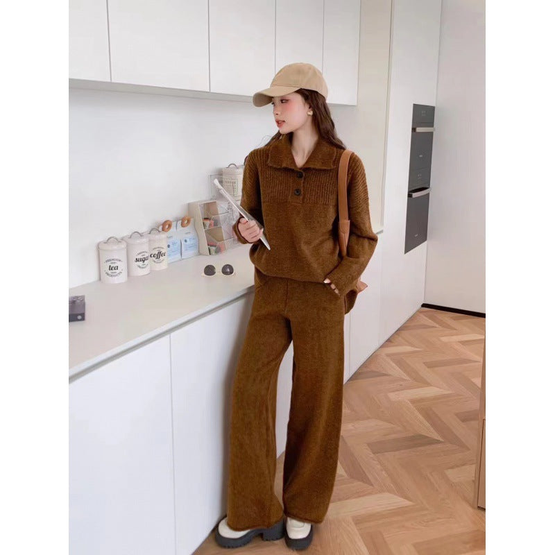 Damen Strickstil-Pullover mit integriertem Kragen und Knopfverschluss EB