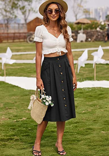 Damen Knielanger Rock mit Knopfverschluss und seitlichen Taschen EB