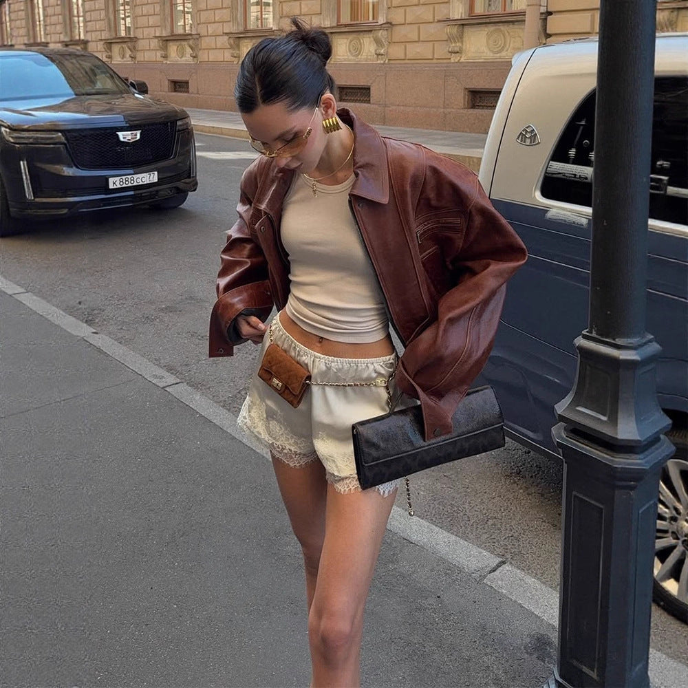 Damen lässige Kunstlederjacke im Oversized-Stil EB