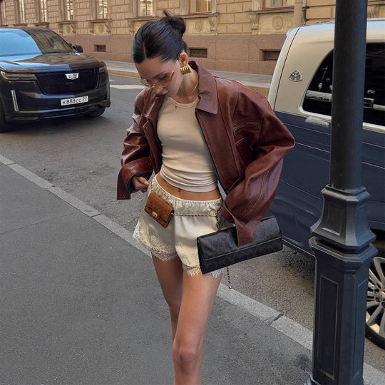 Damen lässige Kunstlederjacke im Oversized-Stil EB