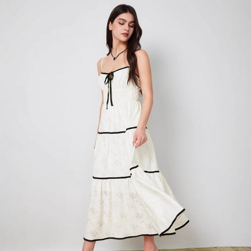 Damen Maxi-Kleid mit feinem Blumendruck und Kontrastbändern EB