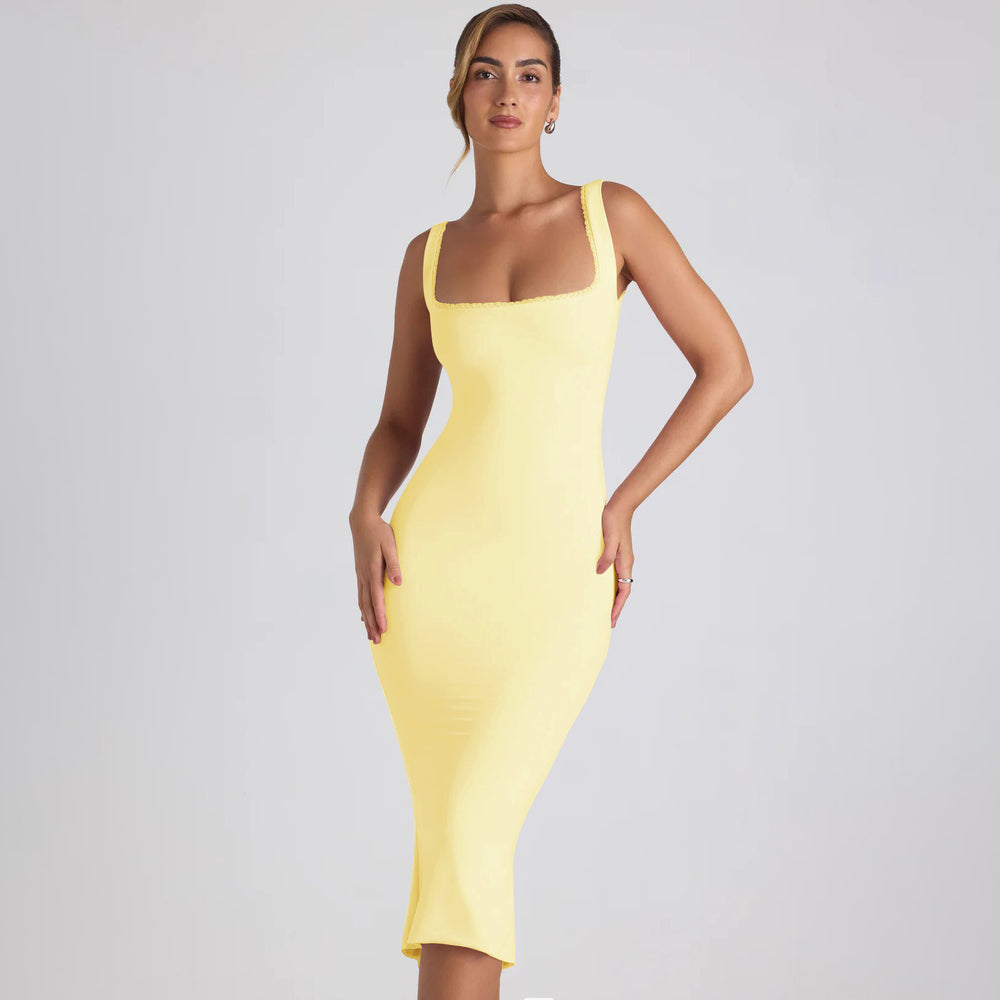 Damen figurbetontes Midikleid mit quadratischem Ausschnitt und Spitzenakzenten EB