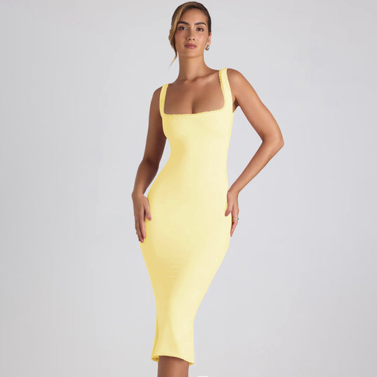 Damen figurbetontes Midikleid mit quadratischem Ausschnitt und Spitzenakzenten EB