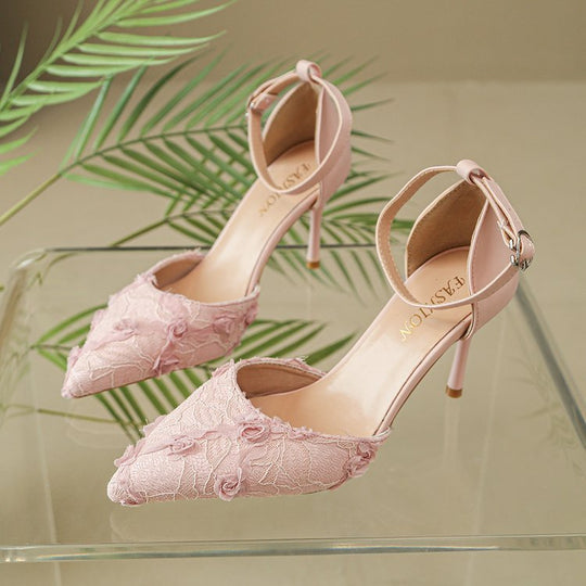 Damen elegante High Heels mit floralem Spitzendesign und verstellbarem Riemen EB