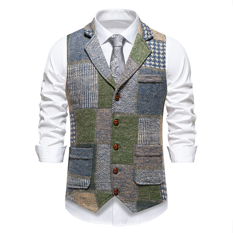 Herren nan Patchwork Weste mit Reverskragen Knopfleiste und aufgesetzten Taschen EB