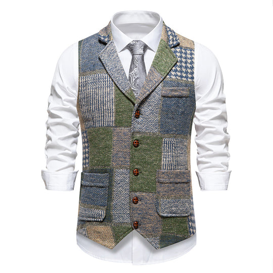 Herren nan Patchwork Weste mit Reverskragen Knopfleiste und aufgesetzten Taschen EB
