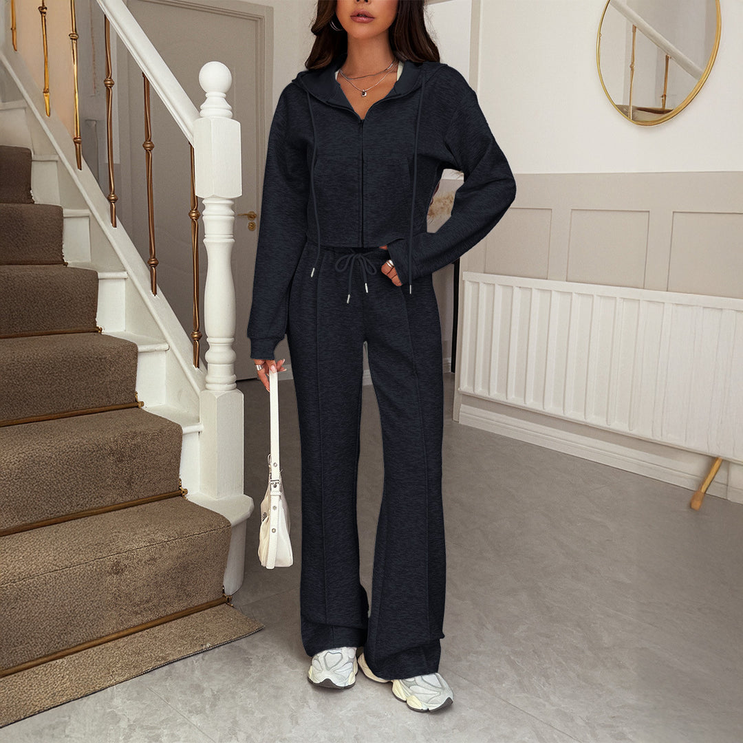 Damen nan kurzgeschnittenes Kapuzen-Sweatset mit Reißverschluss und hochtaillierter Schlaghose EB
