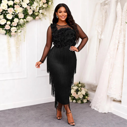 Damen elegantes Cocktailkleid mit voluminösen Rüschendetails und Fransen EB