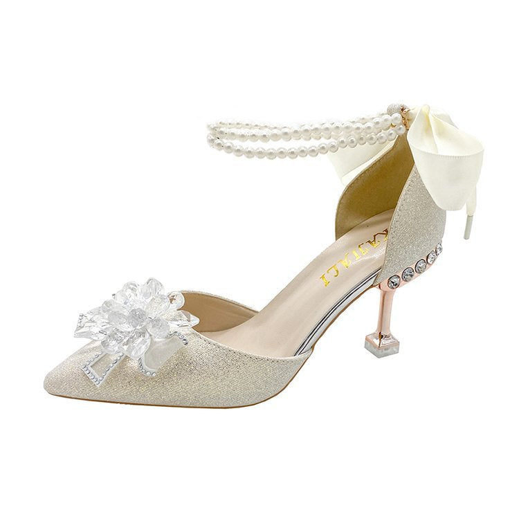 Damen elegante High Heel Pumps mit funkelndem Schmuck und Blumenakzent EB