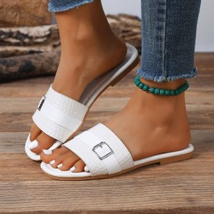 Damen modische Riemensandalen mit breitem Riemendesign und eleganter Schnallen-Applikation EB