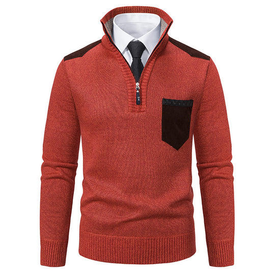 Herren nan Feinstrick-Halbzip-Pullover mit Stehkragen, Brusttasche und Schulterbesatz EB