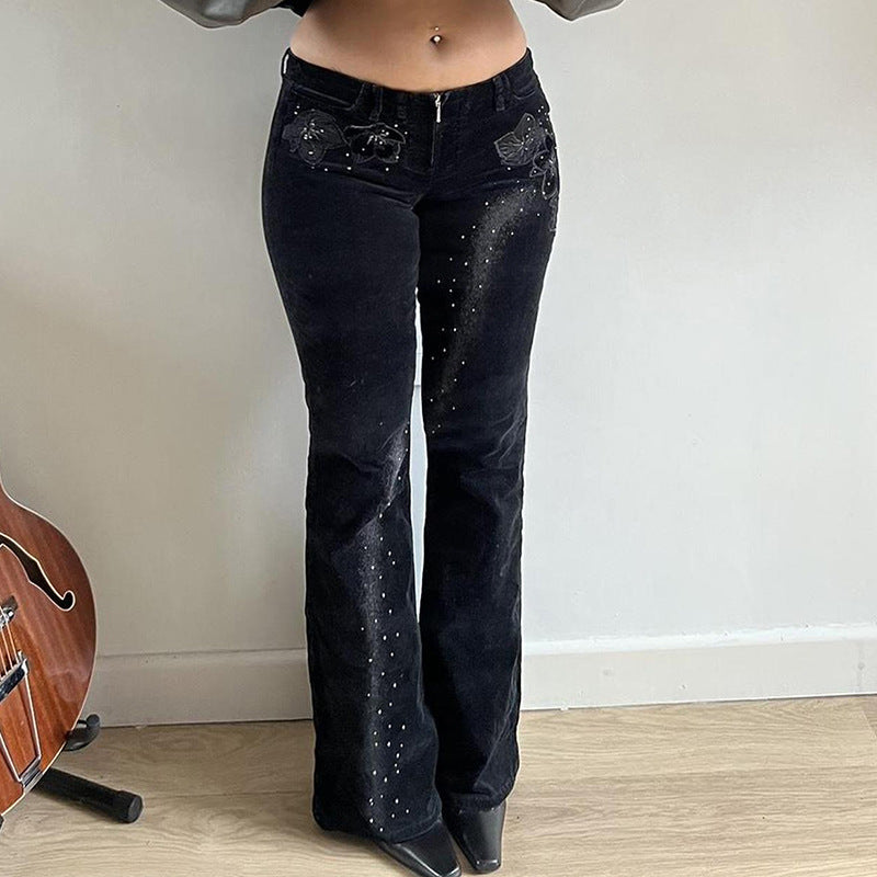 Damen nan ausgestellte Cordhose mit Glitzerstreifen und Blumenstickerei, hoher Bund EB