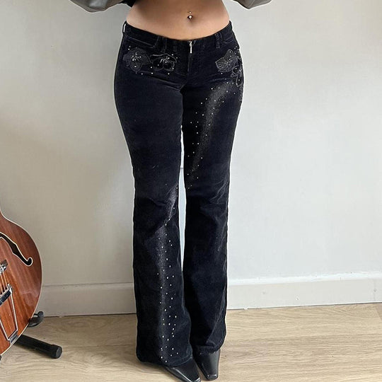 Damen nan ausgestellte Cordhose mit Glitzerstreifen und Blumenstickerei, hoher Bund EB