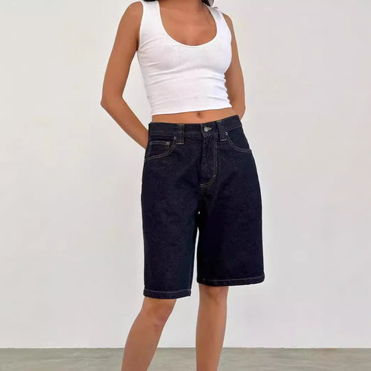 Damen lässige Denim-Shorts mit weitem Schnitt und hohen Seitentaschen EB
