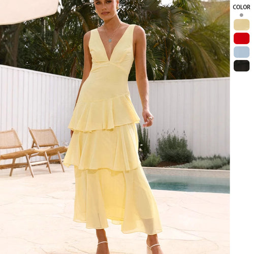 Damen Elegantes Maxikleid mit voluminösen Rüschen und tiefem V-Ausschnitt EB