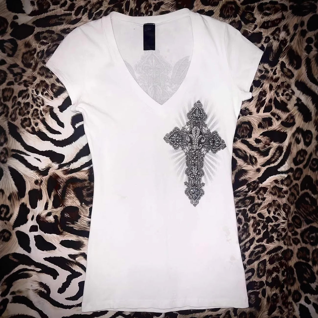 Damen V-Ausschnitt T-Shirt mit kunstvollem Kreuzdesign EB
