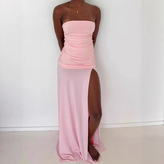 Damen Figurbetontes Maxikleid mit schulterfreiem Design und seitlichem Schlitz EB