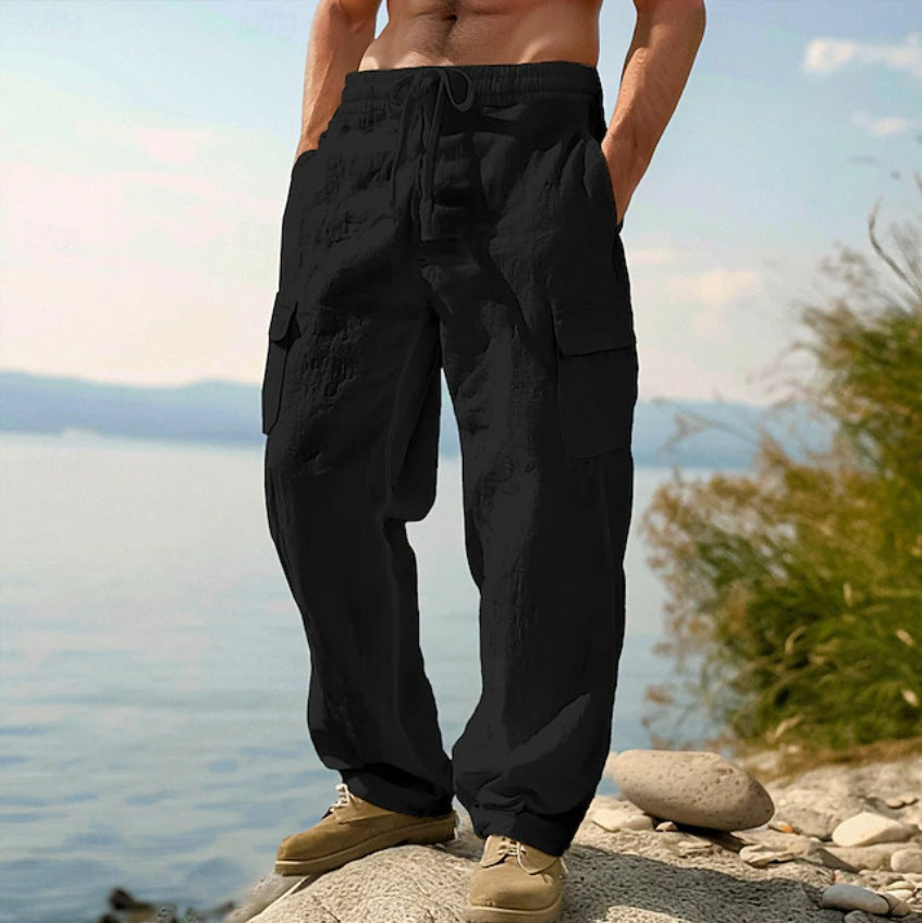 Herren nan weite Casual-Cargohose aus Leinen-Baumwollmix mit Elastikbund, Tunnelzug und großen Pattentaschen EB