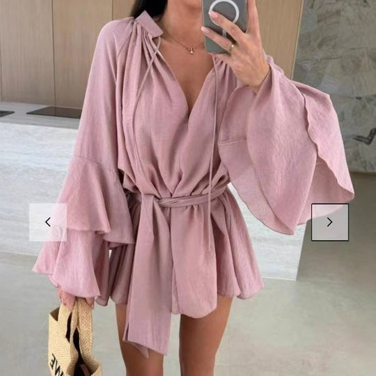Damen luftige Strandbluse mit voluminösen Ärmeln und Taillengürtel EB