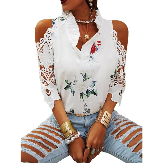 Damen Bluse mit Cut-Out-Ärmeln und floralem Design EB