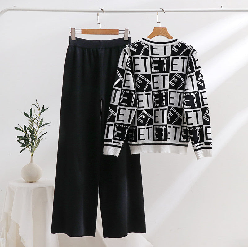 Damen lässiges Strick-Loungewear-Set mit grafischem Muster und weitem Schnitt EB