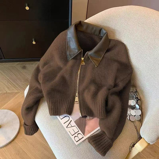 Damen nan kurz geschnittener Strickblouson mit Kunstlederkragen und goldfarbenem Metallreißverschluss EB