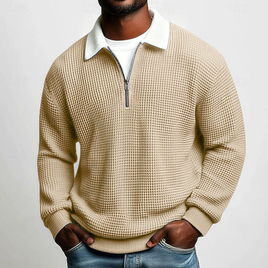 Herren nan strukturierter Waffelstrick-Pullover mit Polokragen und kurzem Reißverschluss EB