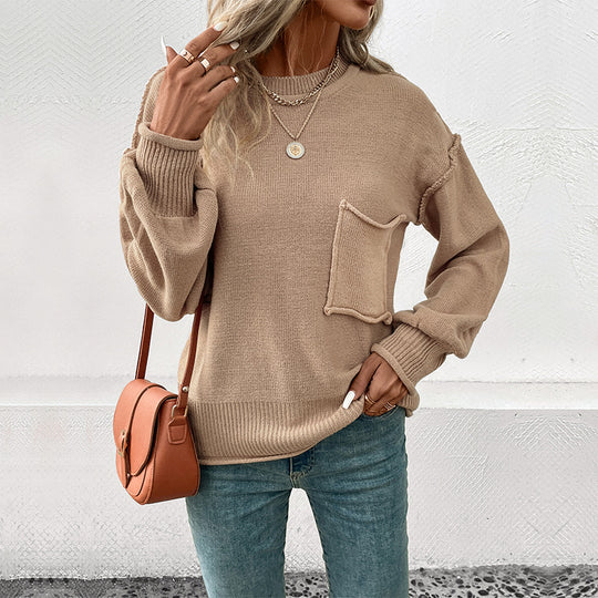 Damen lässiger Strickpullover mit aufgesetzter Tasche EB