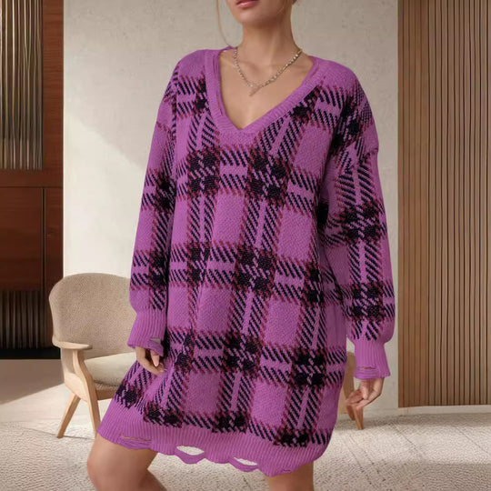 Damen Grobstrickpullover im modischen Karomuster EB