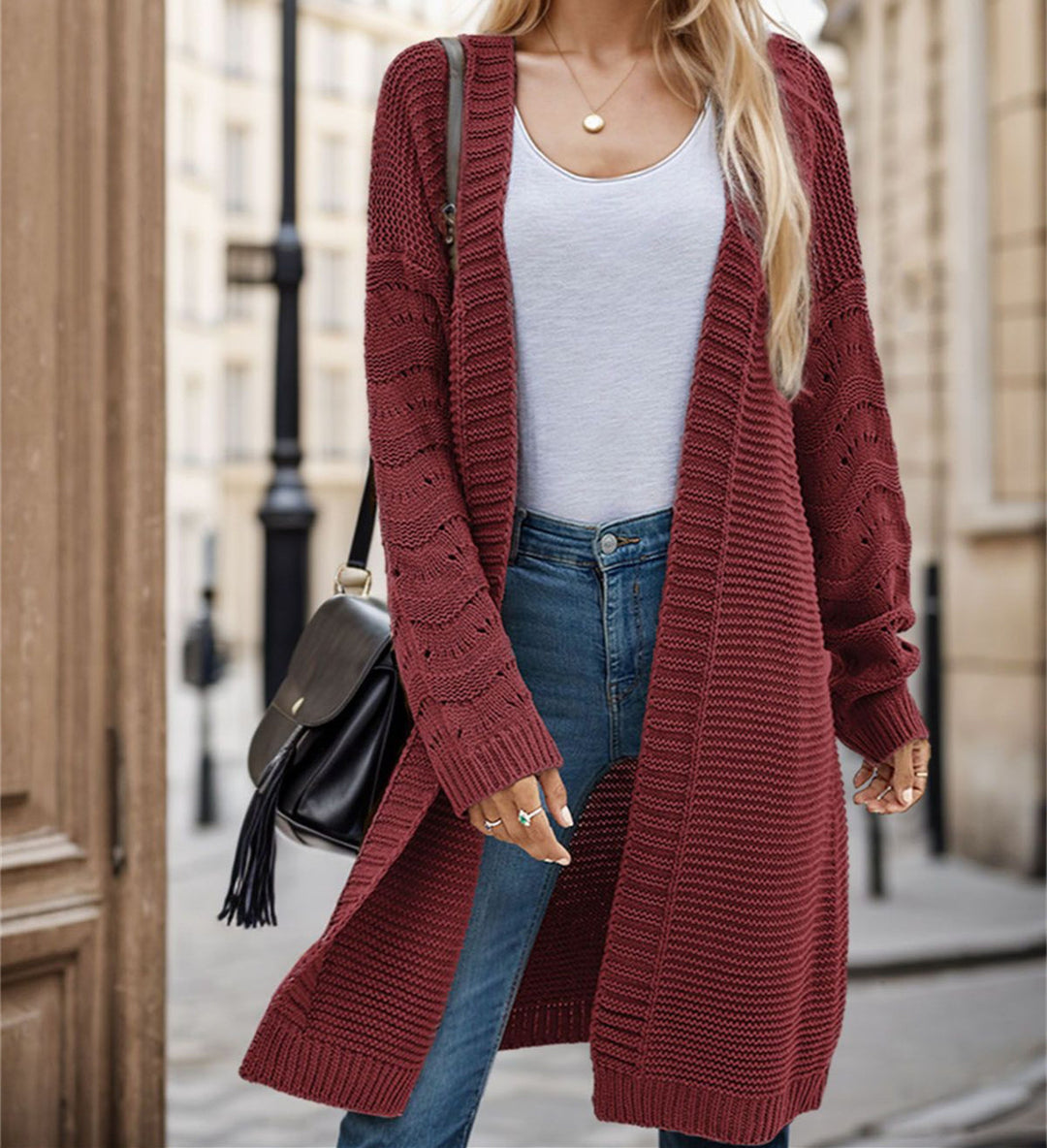 Damen Langer Strickcardigan mit luftiger Maschenstruktur und offener Front EB
