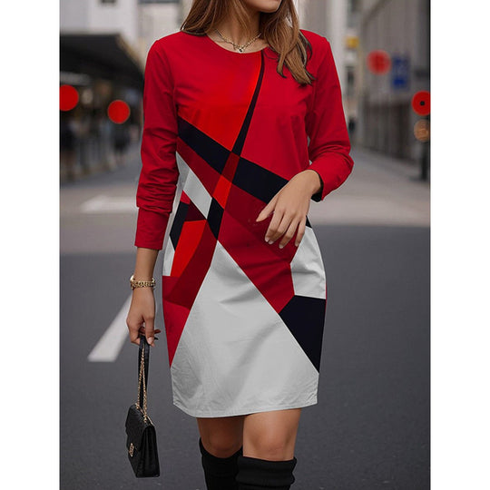 Damen Modisches Kleid mit geometrischem Muster und langen Ärmeln EB