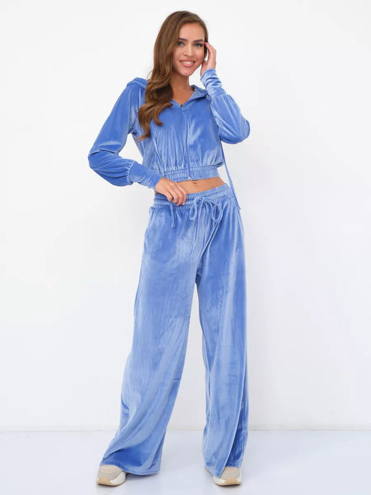 Damen luxuriöses Velours-Lounge-Set mit kurzem Reißverschluss-Hoodie und weitem Comfort-Hose EB