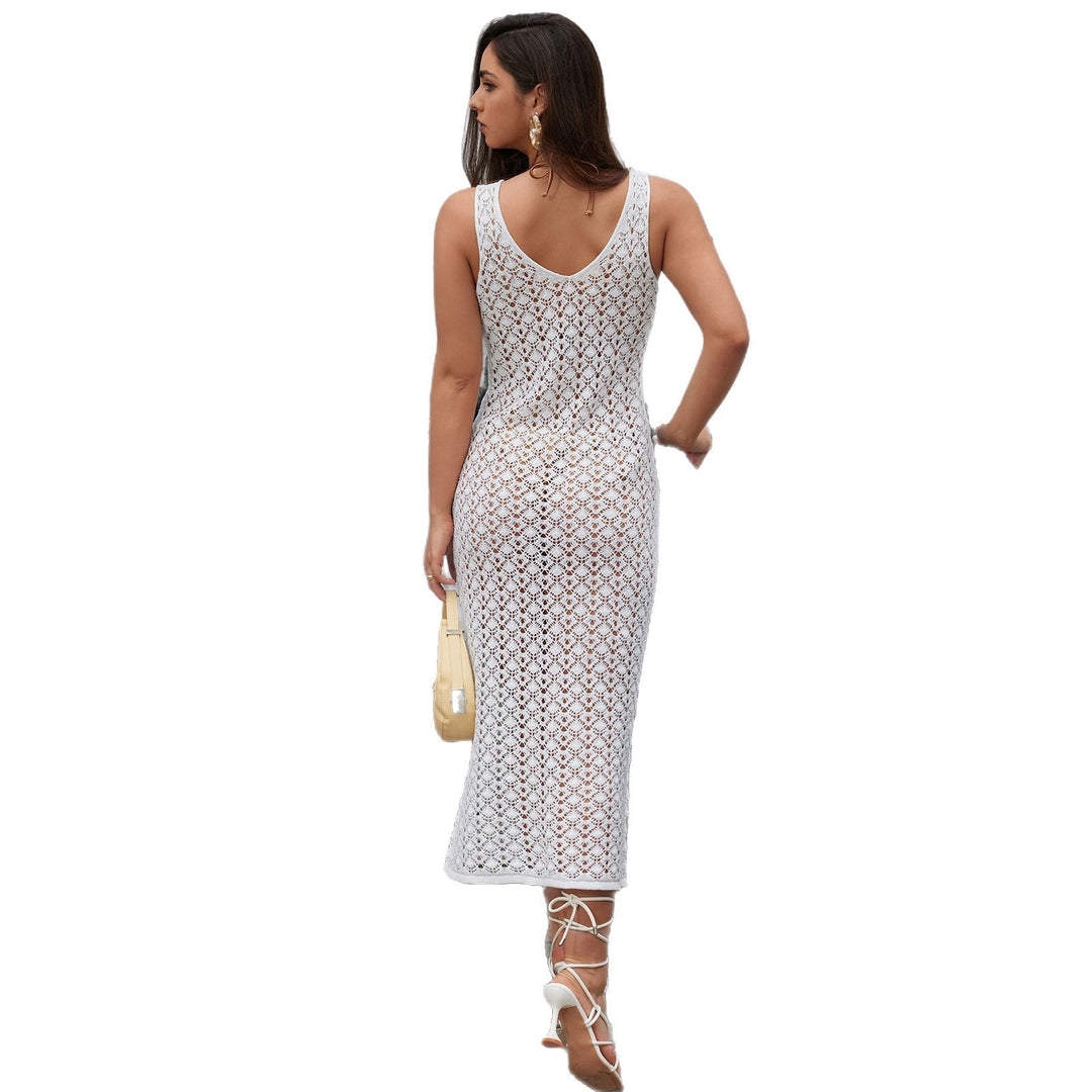 Damen Elegantes Netzkleid mit tiefem V-Ausschnitt und Knopfdetails EB