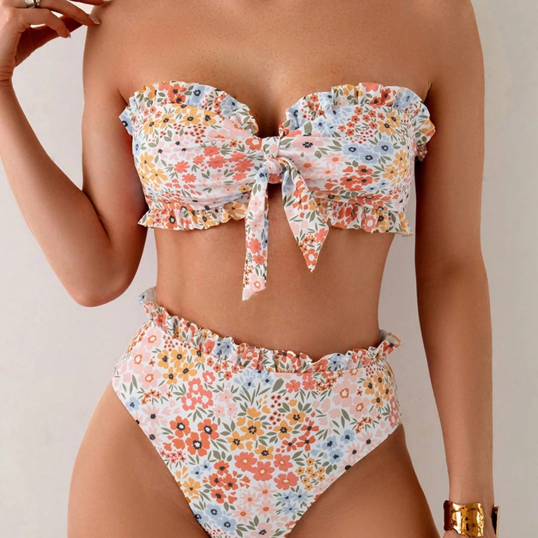 Damen Bikini-Set mit romantischen Rüschendetails und hohem Taillenbund EB