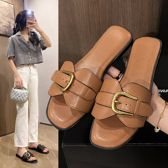 Damen elegante Riemchen-Pantoletten mit goldener Schnallenverzierung EB