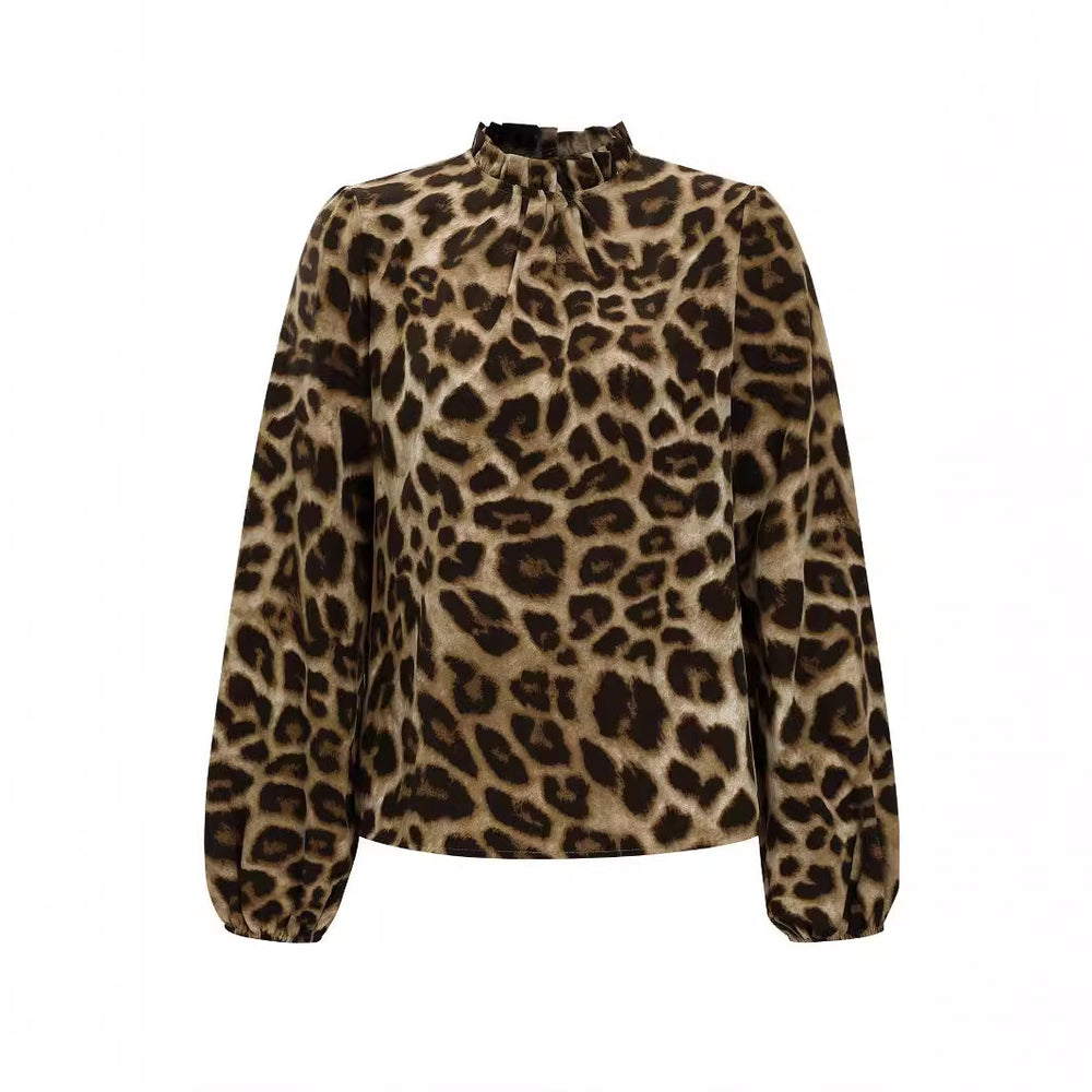 Damen Bluse mit elegantem Leopardenmuster und Rüschenkragen EB