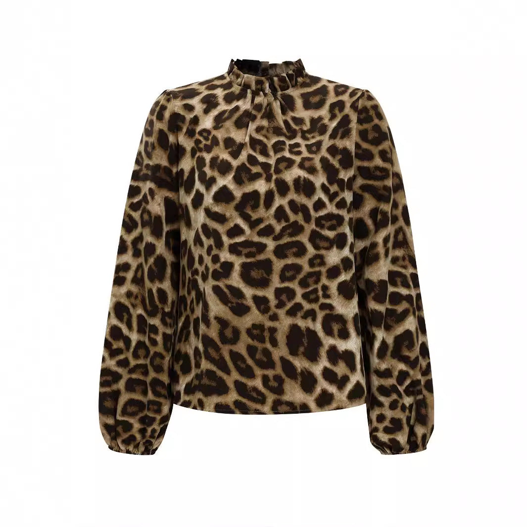 Damen Bluse mit elegantem Leopardenmuster und Rüschenkragen EB