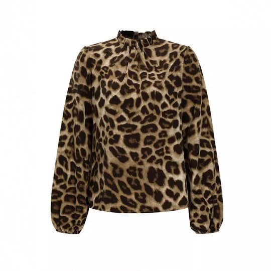 Damen Bluse mit elegantem Leopardenmuster und Rüschenkragen EB
