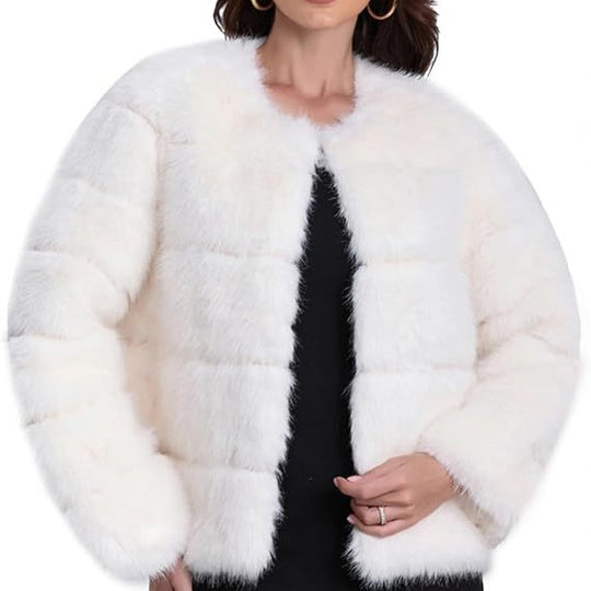 Damen Kuschelige Kunstpelzjacke mit modischem Puffärmel-Design EB