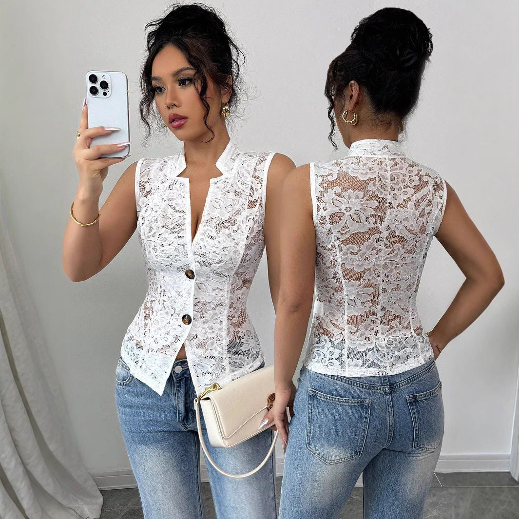 Damen Lace Hemdbluse mit eleganter Knopfleiste EB