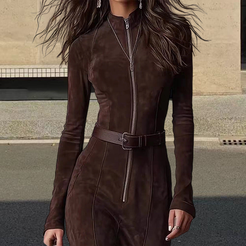 Damen Langarm Kleid mit Reißverschluss und seitlichen Schlitzen EB