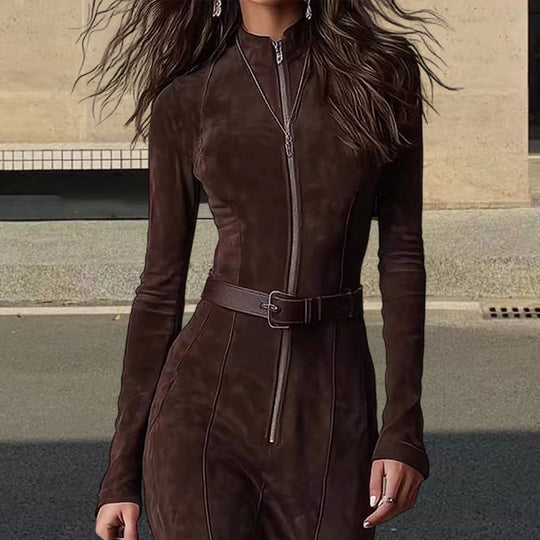 Damen Langarm Kleid mit Reißverschluss und seitlichen Schlitzen EB