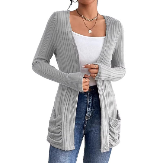 Damen Gerippter Langcardigan mit offener Front, Eingrifftaschen und legerer Passform EB