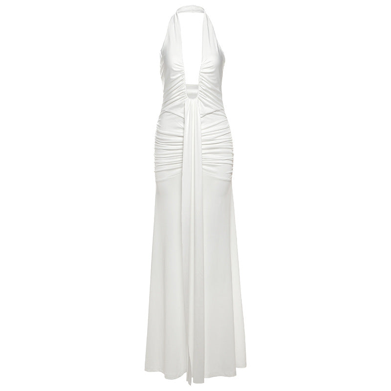 Damen Elegantes Maxi-Kleid mit tiefem V-Ausschnitt und Rüschendetails EB