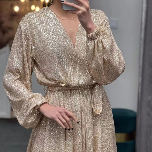 Damen funkelndes Cocktailkleid mit V-Ausschnitt und Taillengürtel EB
